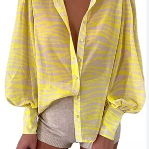 RNWY Runway the Label yellow sheer tiger print long puff sleeve blouse